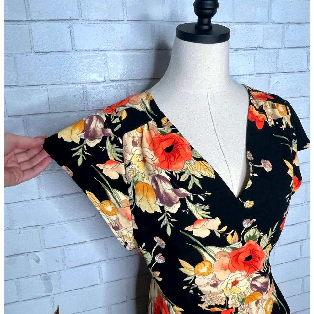 Anthropologie Dark Floral WRAP Midi "Home Spun Romance" Dress Black L 10 12 - Picture 3 of 7